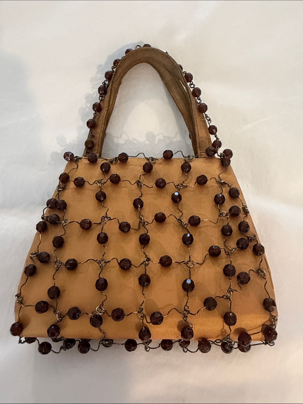 Tan Beaded Mini Handbag with Decorative Bead Netting